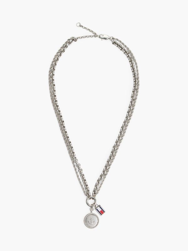 Stainless Steel Double Chain Nautical Charm Necklace — Silver
