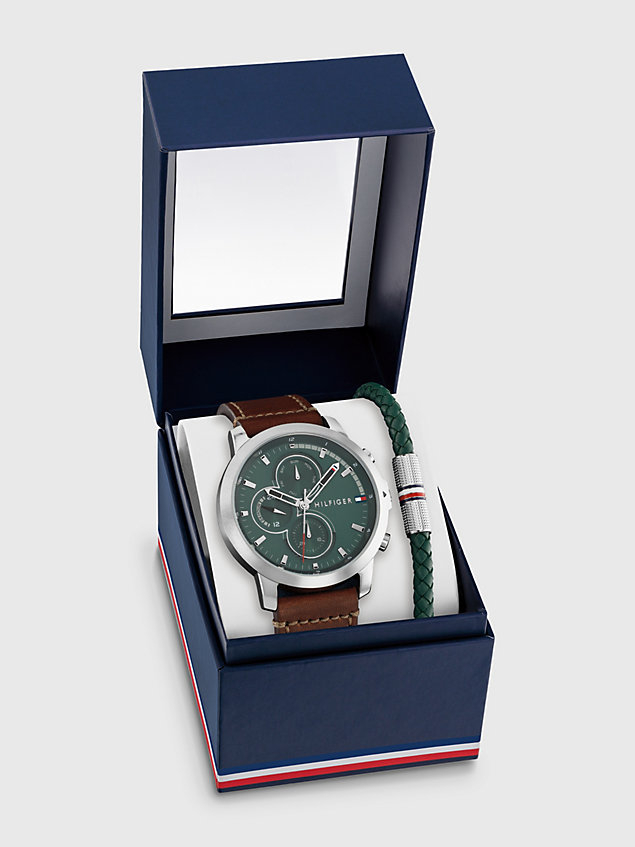 silver sub-counter watch and bracelet gift set for men tommy hilfiger