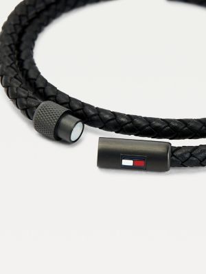 tommy hilfiger mens black leather bracelet