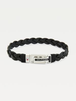 Tommy Hilfiger Mens Metal/Leather Silver/Black Drawstring Bracelet 2790182 