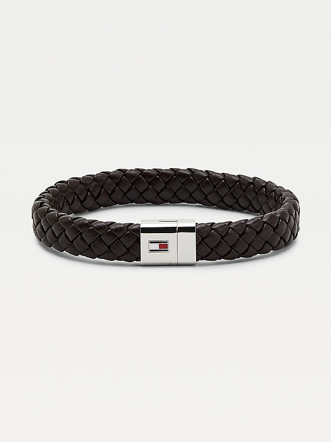 brown brown round braided leather bracelet for men tommy hilfiger