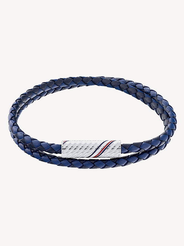 blue double wrap braided blue leather bracelet for men tommy hilfiger