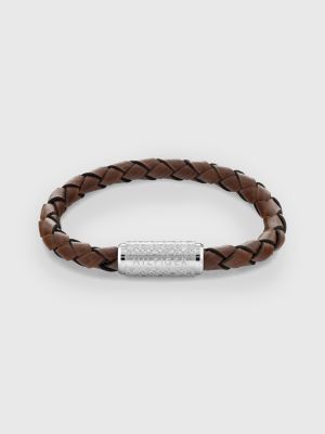 Braided Leather And Stainless Steel Bangle, Brown