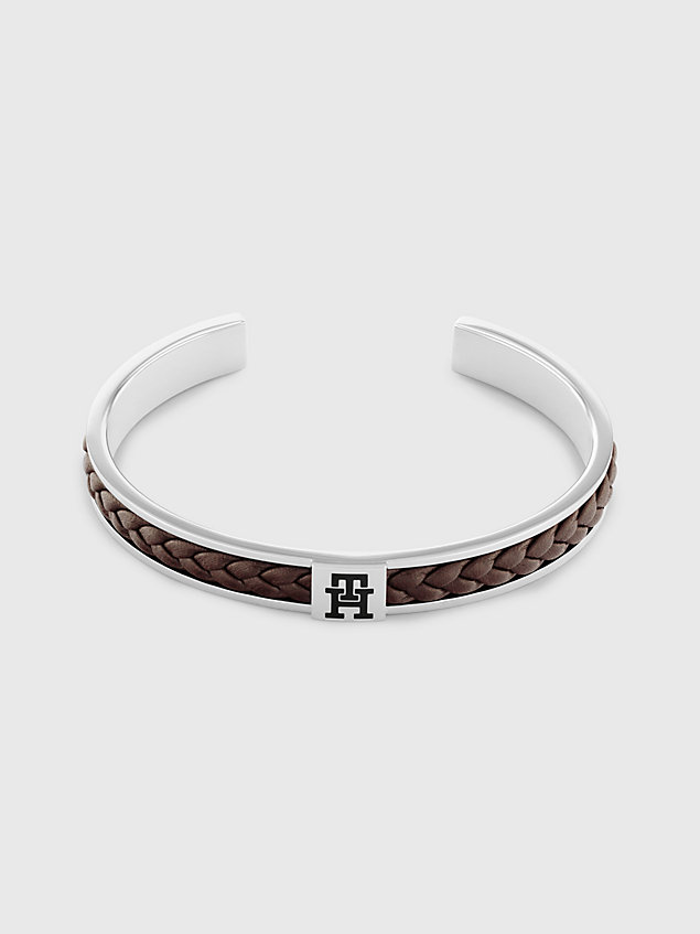 brown braided leather and stainless steel bangle for men tommy hilfiger