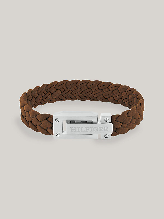 brown logo embossed brown suede braided bracelet for men tommy hilfiger