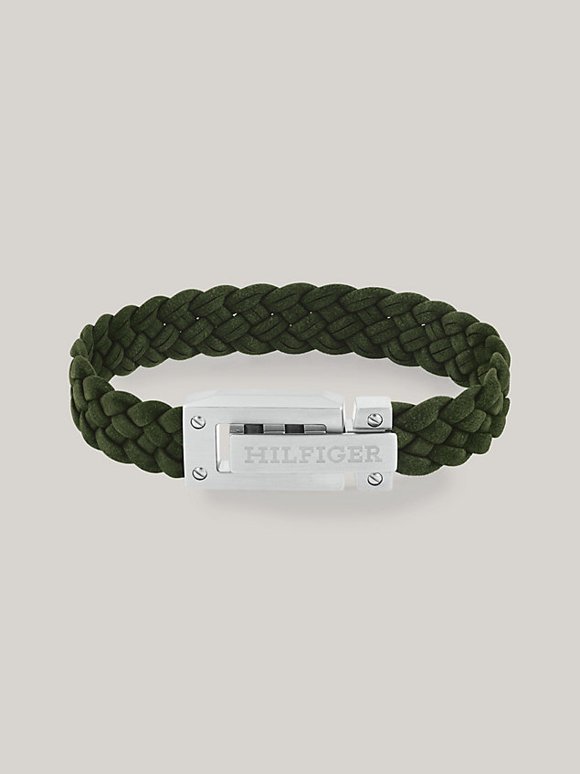 green logo embossed green suede braided bracelet for men tommy hilfiger