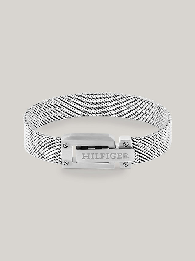 silver roestvrijstalen gevlochten armband met logo voor heren - tommy hilfiger
