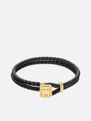 bracelet en cuir tressé et plaqué or black pour hommes tommy hilfiger