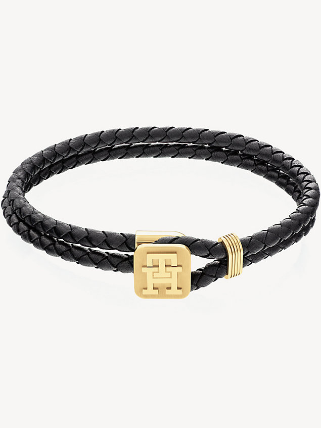 black th monogram black leather bracelet for men tommy hilfiger