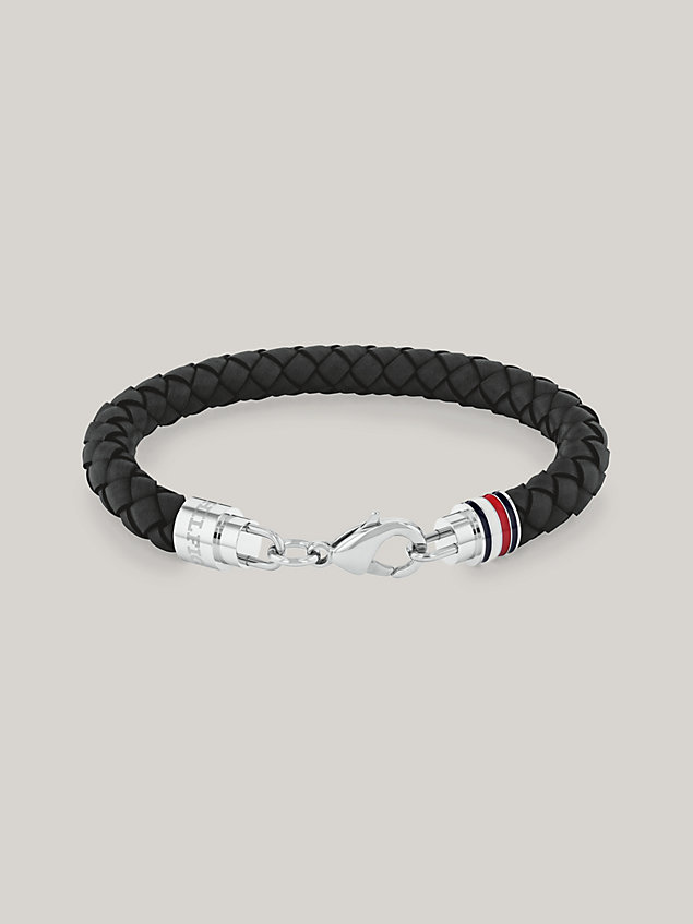 black iconic black leather braided bracelet for men tommy hilfiger