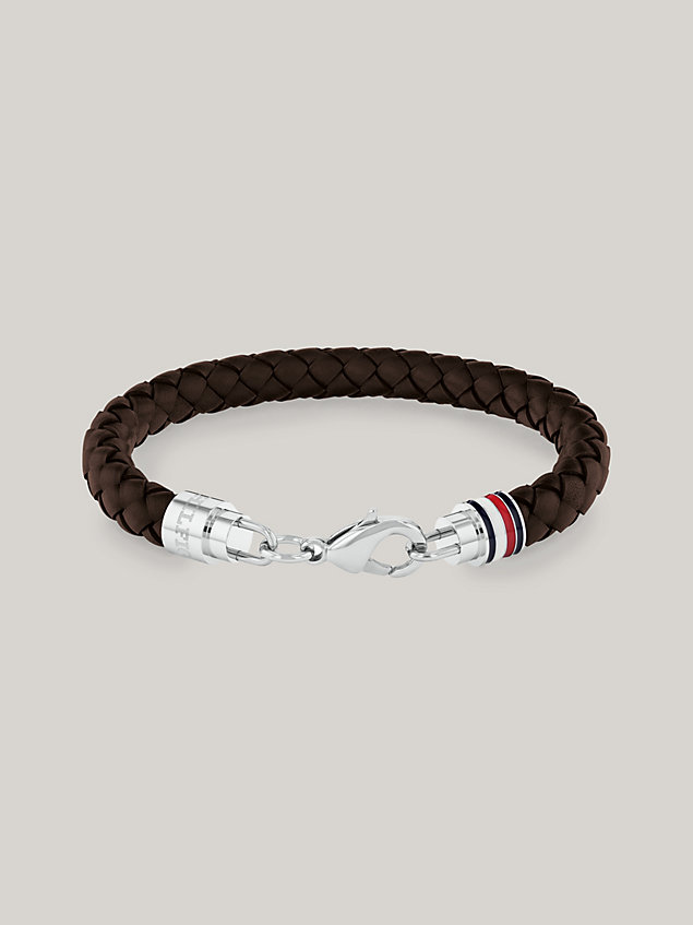 brown iconic brown leather braided bracelet for men tommy hilfiger