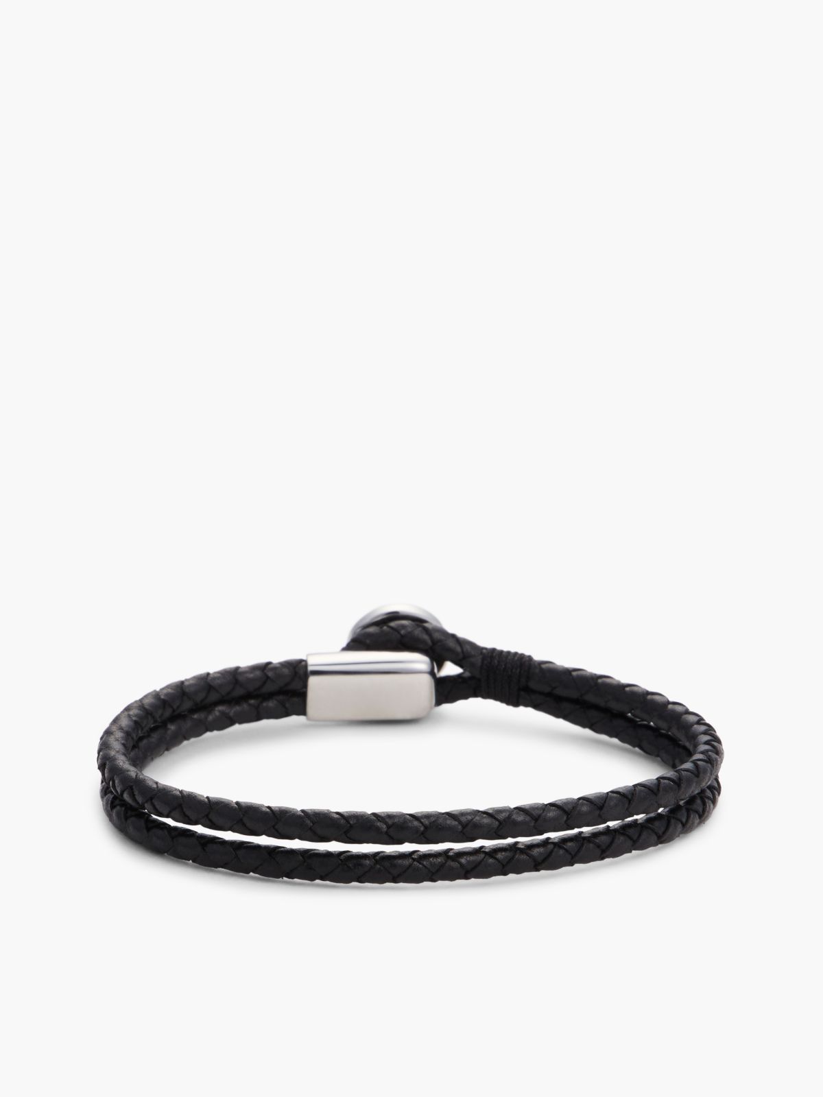 Black Leather Braided Bracelet — Silver