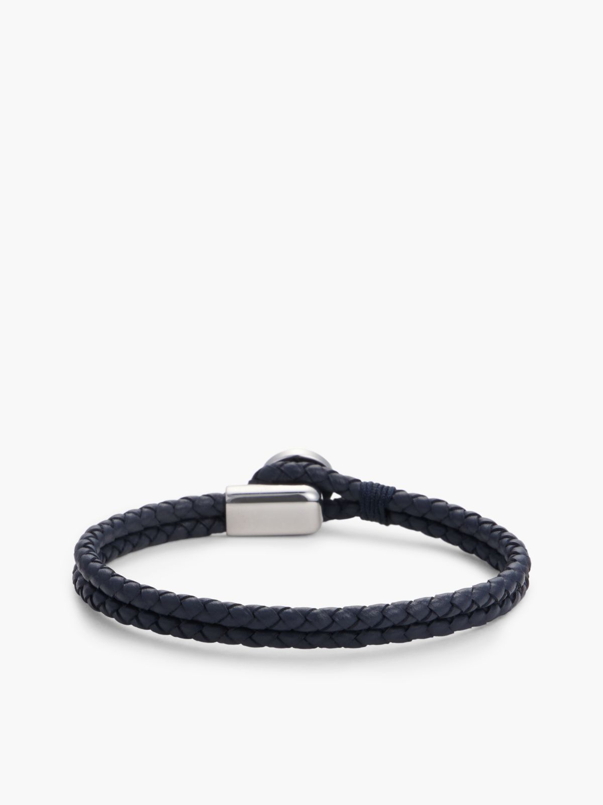 Navy Leather Braided Bracelet — Silver