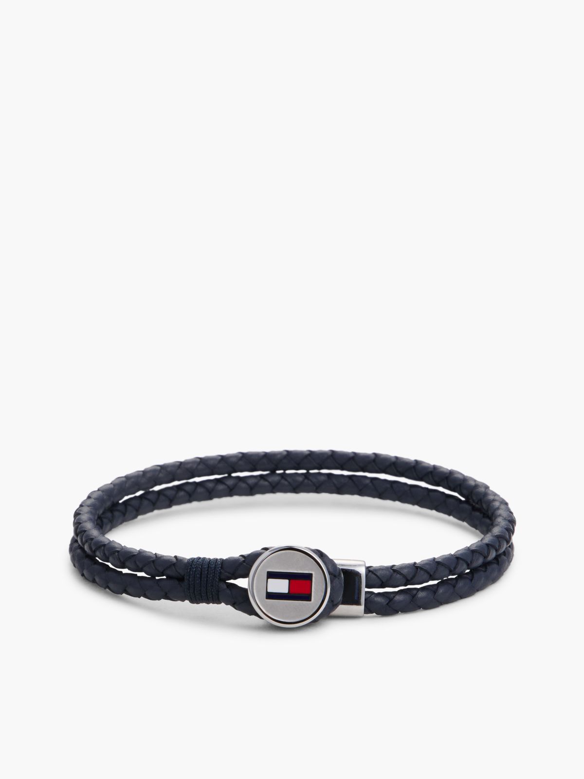 Navy Leather Braided Bracelet — Silver
