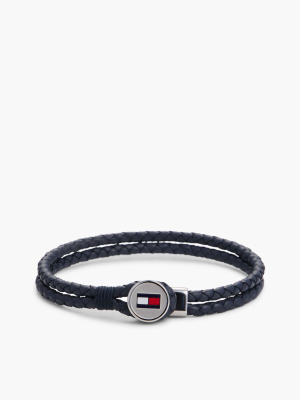 Navy Leather Braided Bracelet — Silver