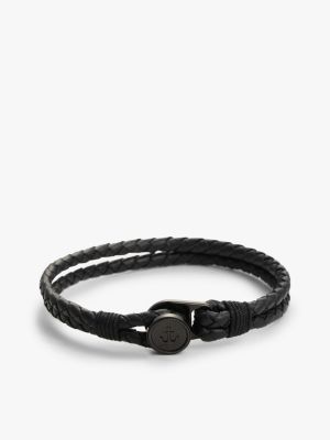 bracelet en cuir noir à breloque nautique plaqué ion black pour hommes tommy hilfiger