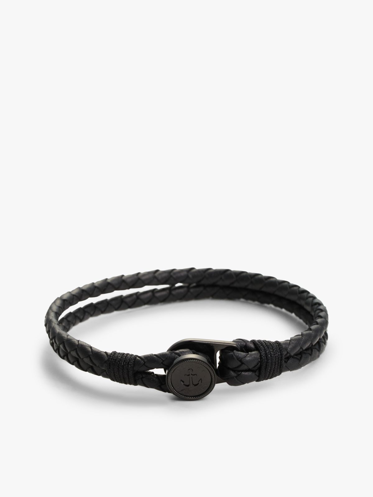 Ionic-Plated Nautical Charm Black Leather Bracelet — Black