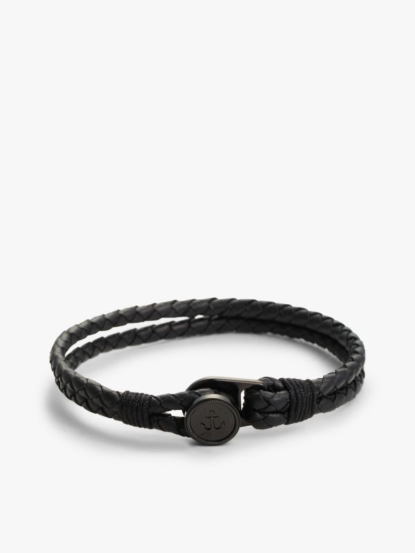 Ionic-Plated Nautical Charm Black Leather Bracelet — Black