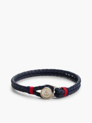 multi blaues lederarmband mit vergoldetem anker-detail für herren - tommy jeans