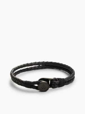 black schwarzes lederarmband mit ionenplattiertem anker-detail für herren - tommy jeans