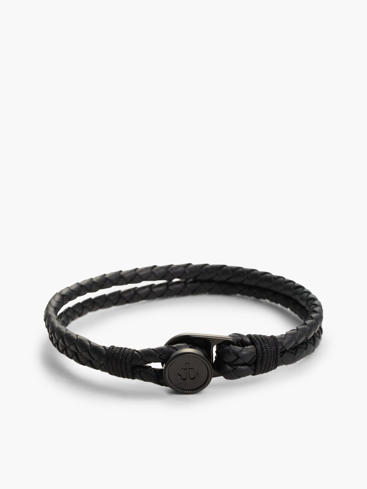 Ionic-Plated Nautical Charm Black Leather Bracelet — Black