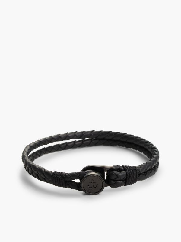 Ionic-Plated Nautical Charm Black Leather Bracelet — Black