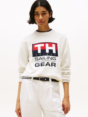 white hilfiger sailing rib-knit intarsia logo jumper for adults gender inclusive tommy hilfiger