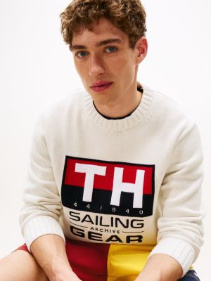 white hilfiger sailing rib-knit intarsia logo jumper for adults gender inclusive tommy hilfiger