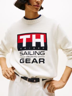 white hilfiger sailing rib-knit intarsia logo jumper for adults gender inclusive tommy hilfiger