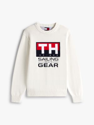 white hilfiger sailing rib-knit intarsia logo jumper for adults gender inclusive tommy hilfiger