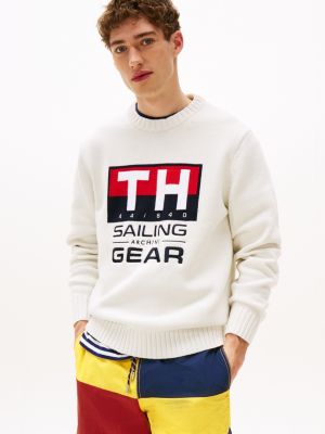 white hilfiger sailing rib-knit intarsia logo jumper for adults gender inclusive tommy hilfiger