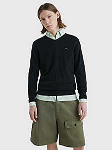 black v-neck cotton blend sweatshirt for men tommy hilfiger