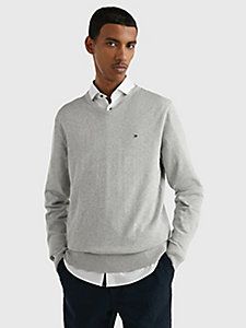 grey v-neck cotton blend sweatshirt for men tommy hilfiger
