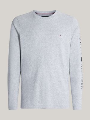 grey long sleeve logo slim t-shirt for men tommy hilfiger