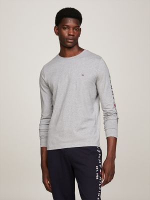 grey long sleeve logo slim t-shirt for men tommy hilfiger