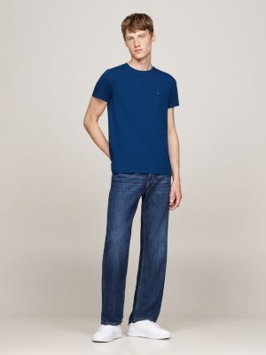 t-shirt ajusté à col ras-du-cou bleu pour hommes tommy hilfiger