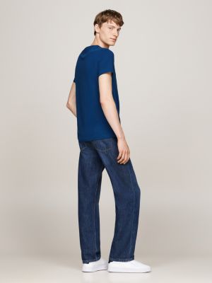 t-shirt ajusté à col ras-du-cou bleu pour hommes tommy hilfiger