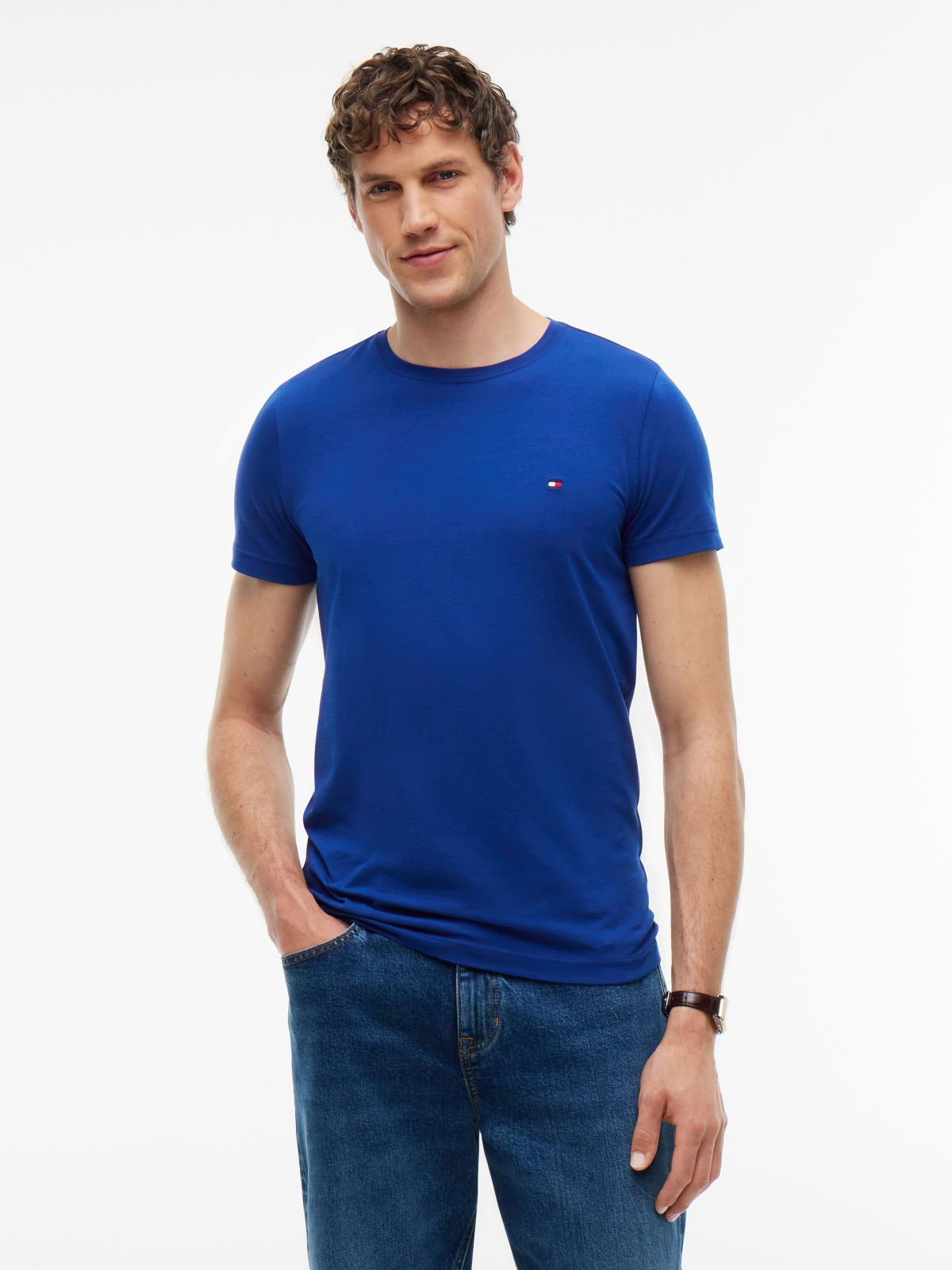 Flag Embroidery Slim Jersey T-Shirt — Blue