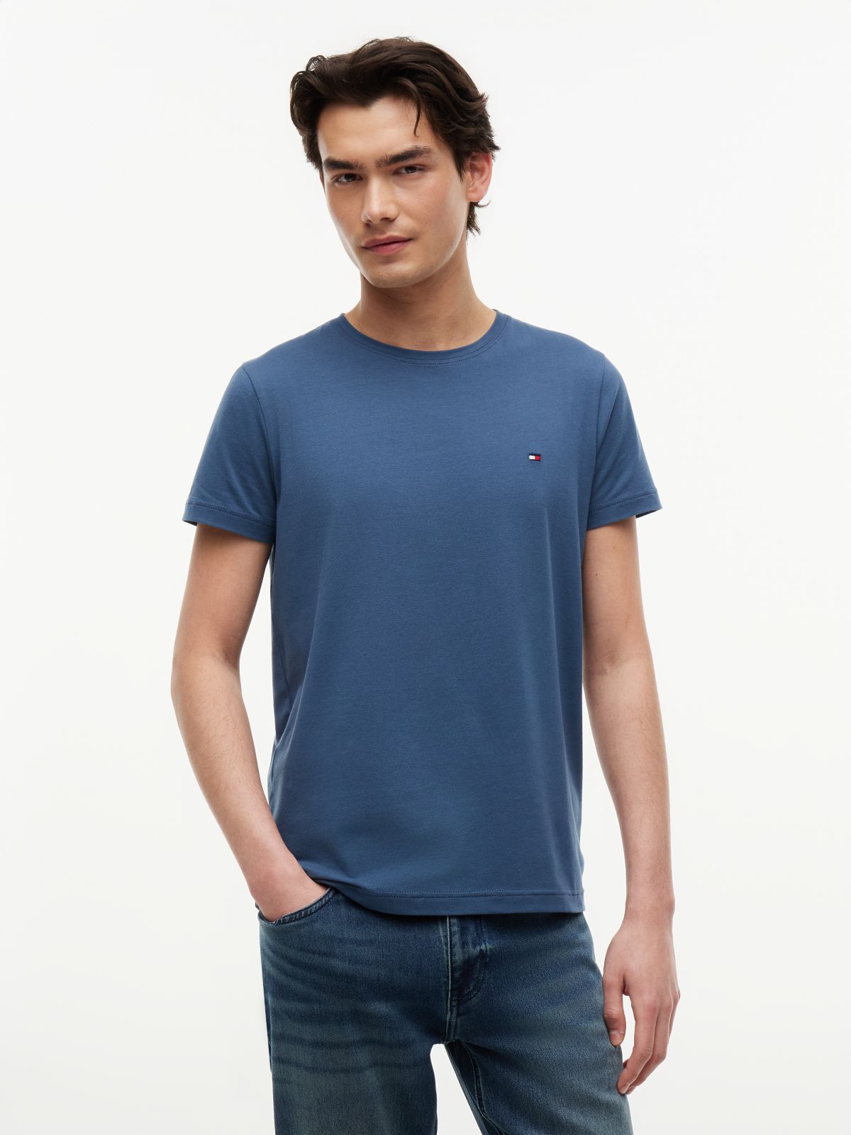 Flag Embroidery Slim Jersey T-Shirt — Blue
