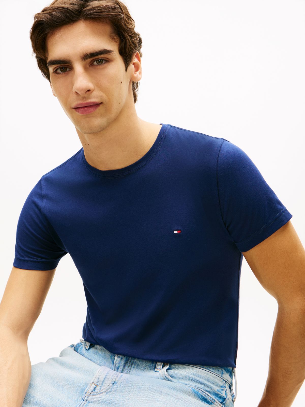 Flag Embroidery Slim Jersey T-Shirt — Blue