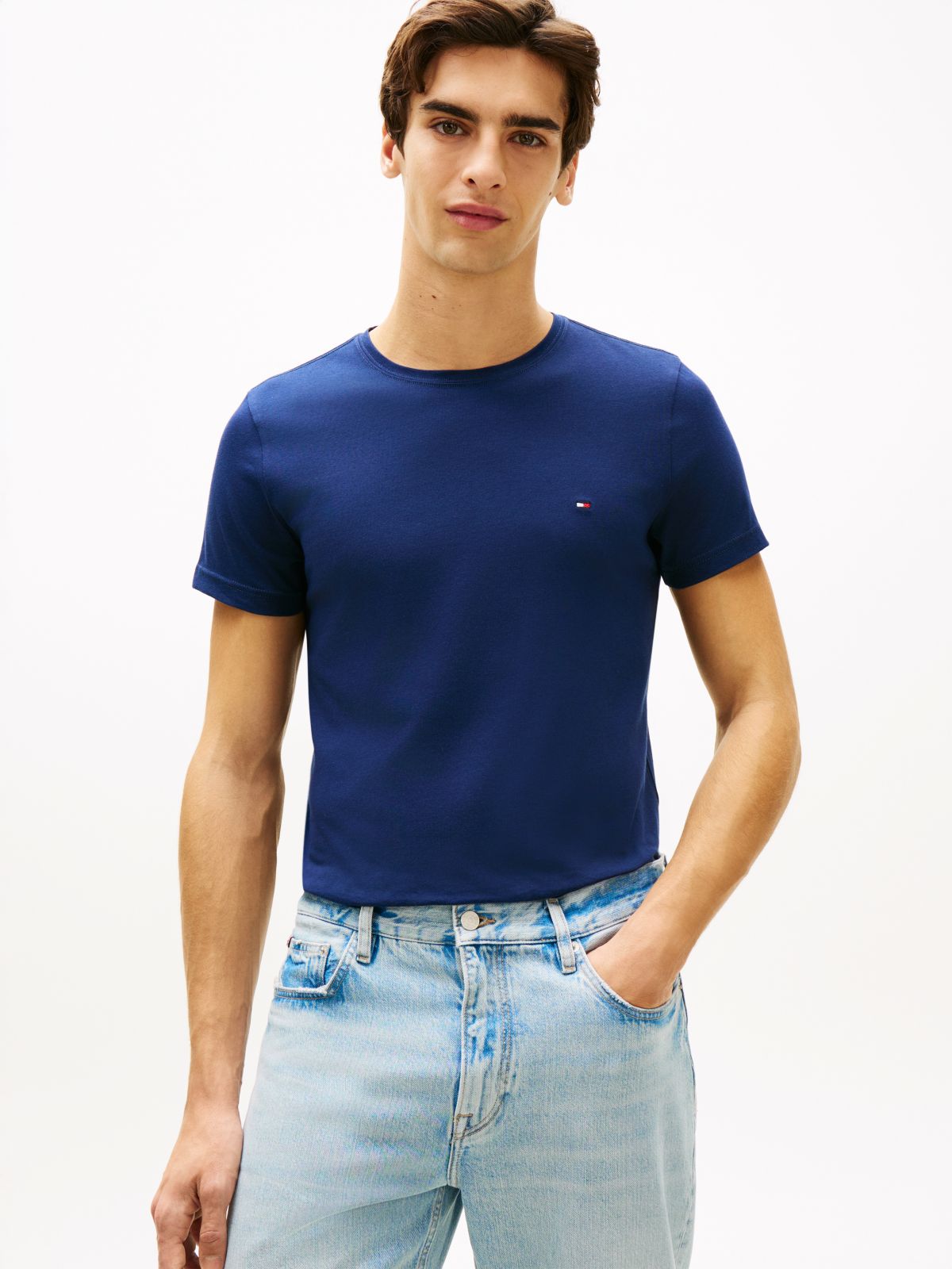 Flag Embroidery Slim Jersey T-Shirt — Blue