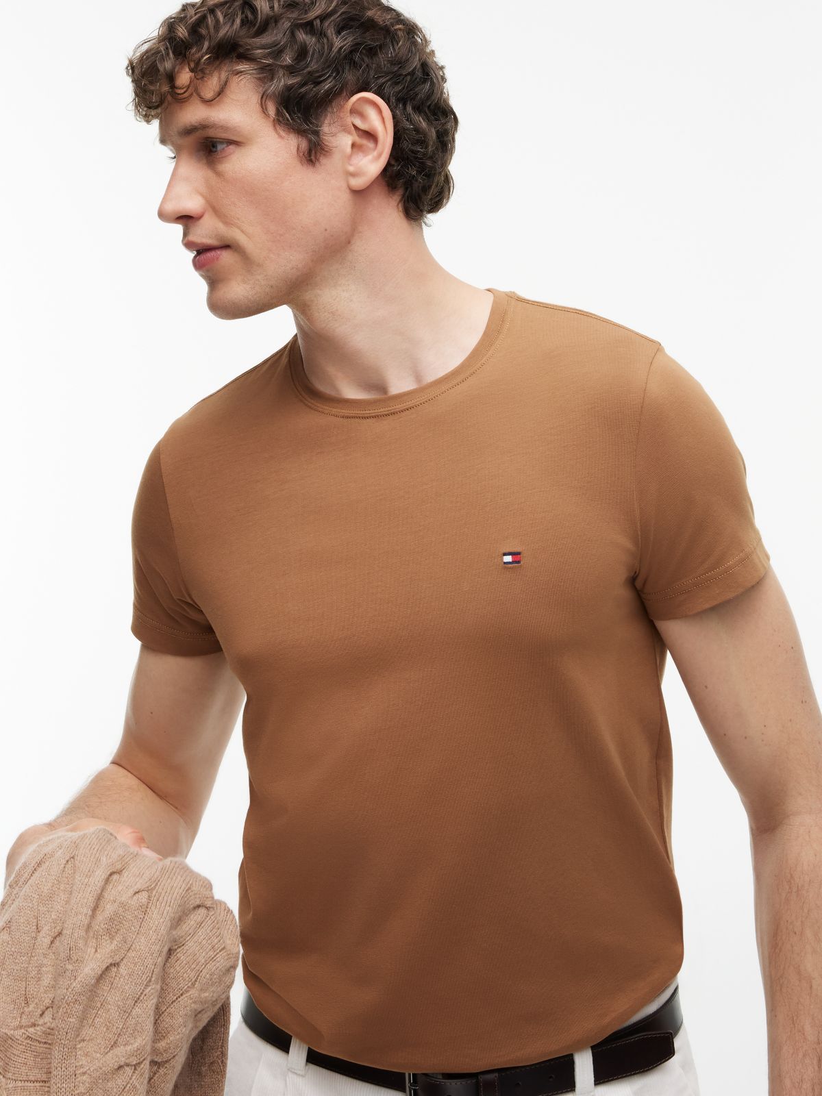 Flag Embroidery Slim Jersey T-Shirt — Brown