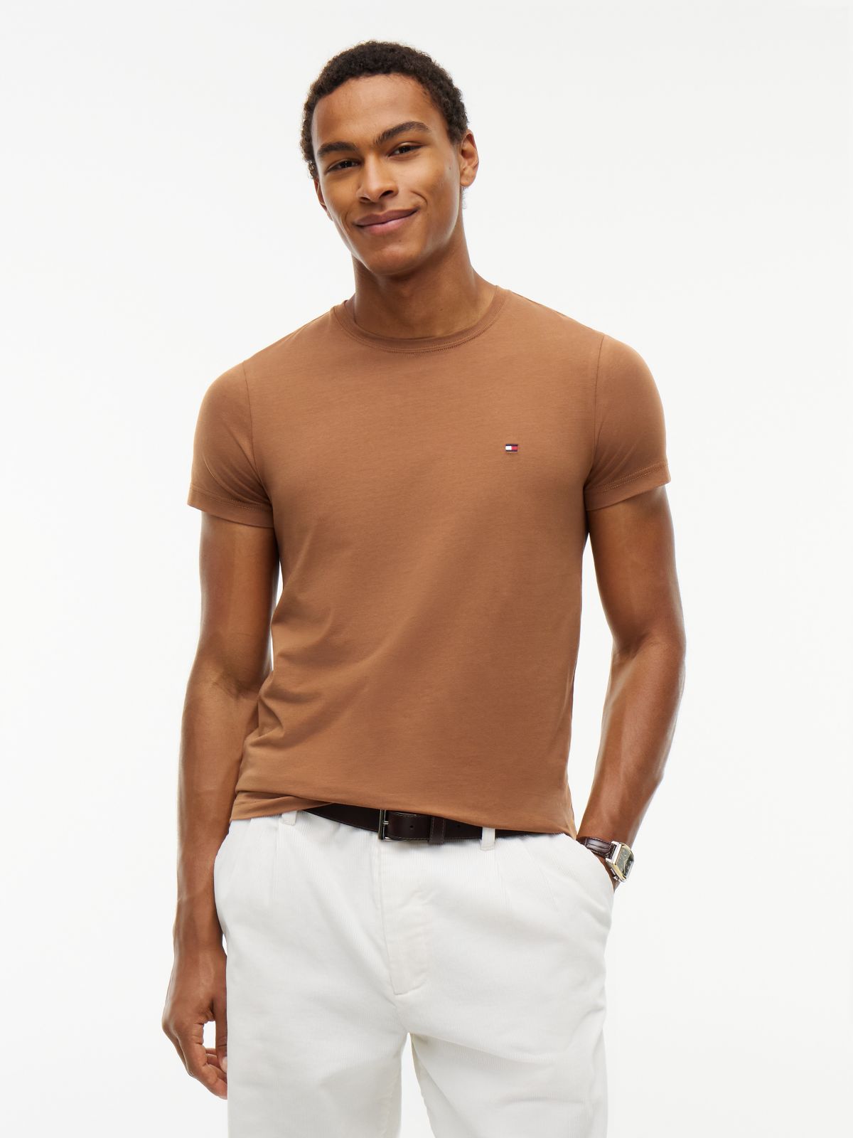 Flag Embroidery Slim Jersey T-Shirt — Brown
