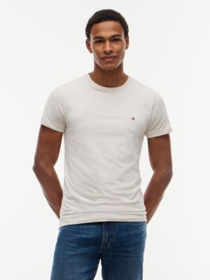 t-shirt slim en jersey à drapeau brodé beige pour hommes tommy hilfiger