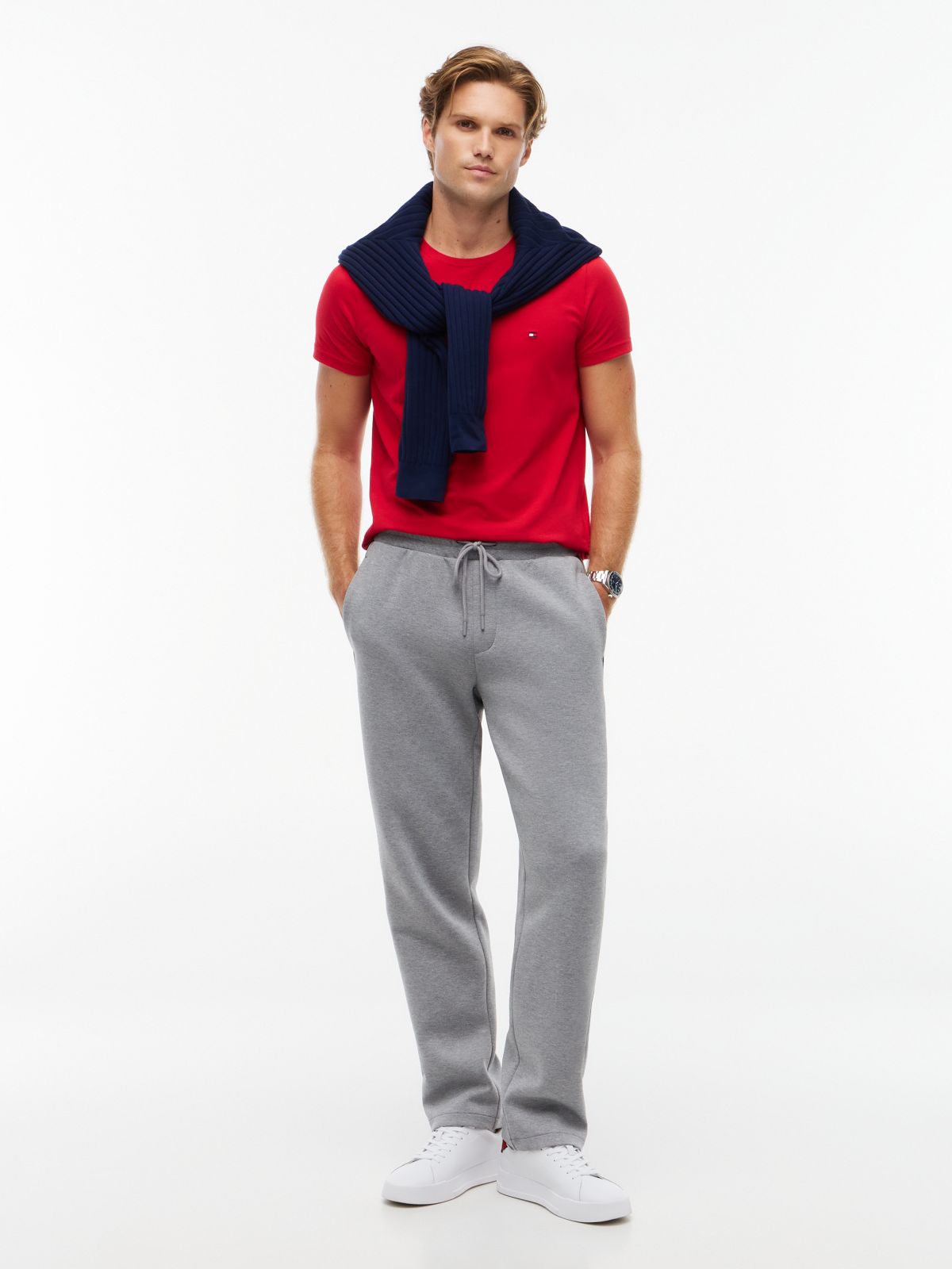 Flag Embroidery Slim Jersey T-Shirt — Red