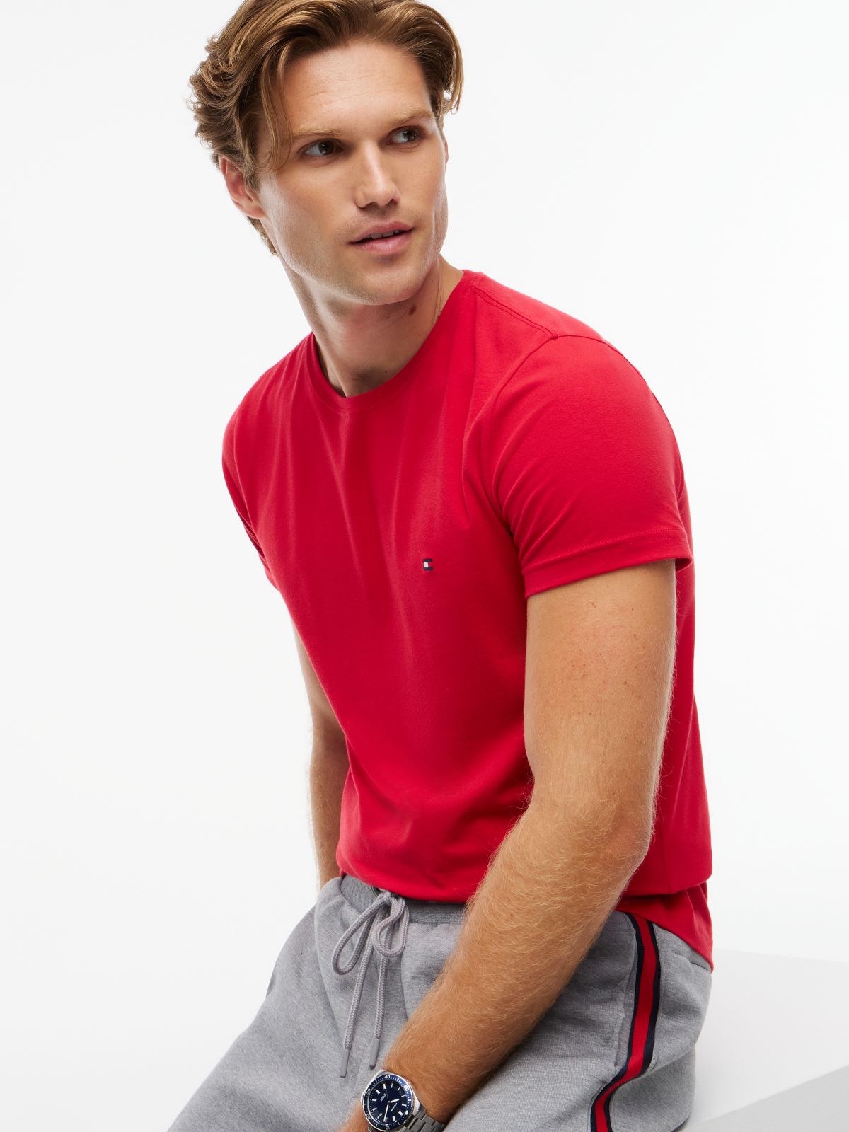Flag Embroidery Slim Jersey T-Shirt — Red