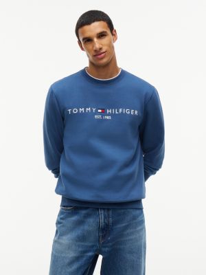 blue fleece sweatshirt met logo en ronde hals voor heren - tommy hilfiger