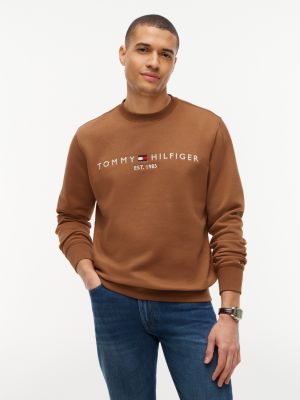 brown fleece sweatshirt met logo en ronde hals voor heren - tommy hilfiger