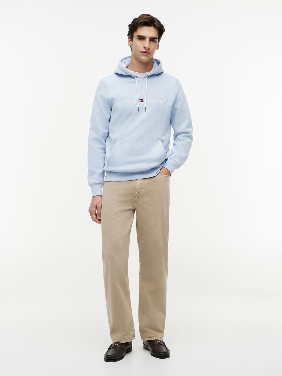 Logo Embroidery Fleece Drawstring Hoody — Blue