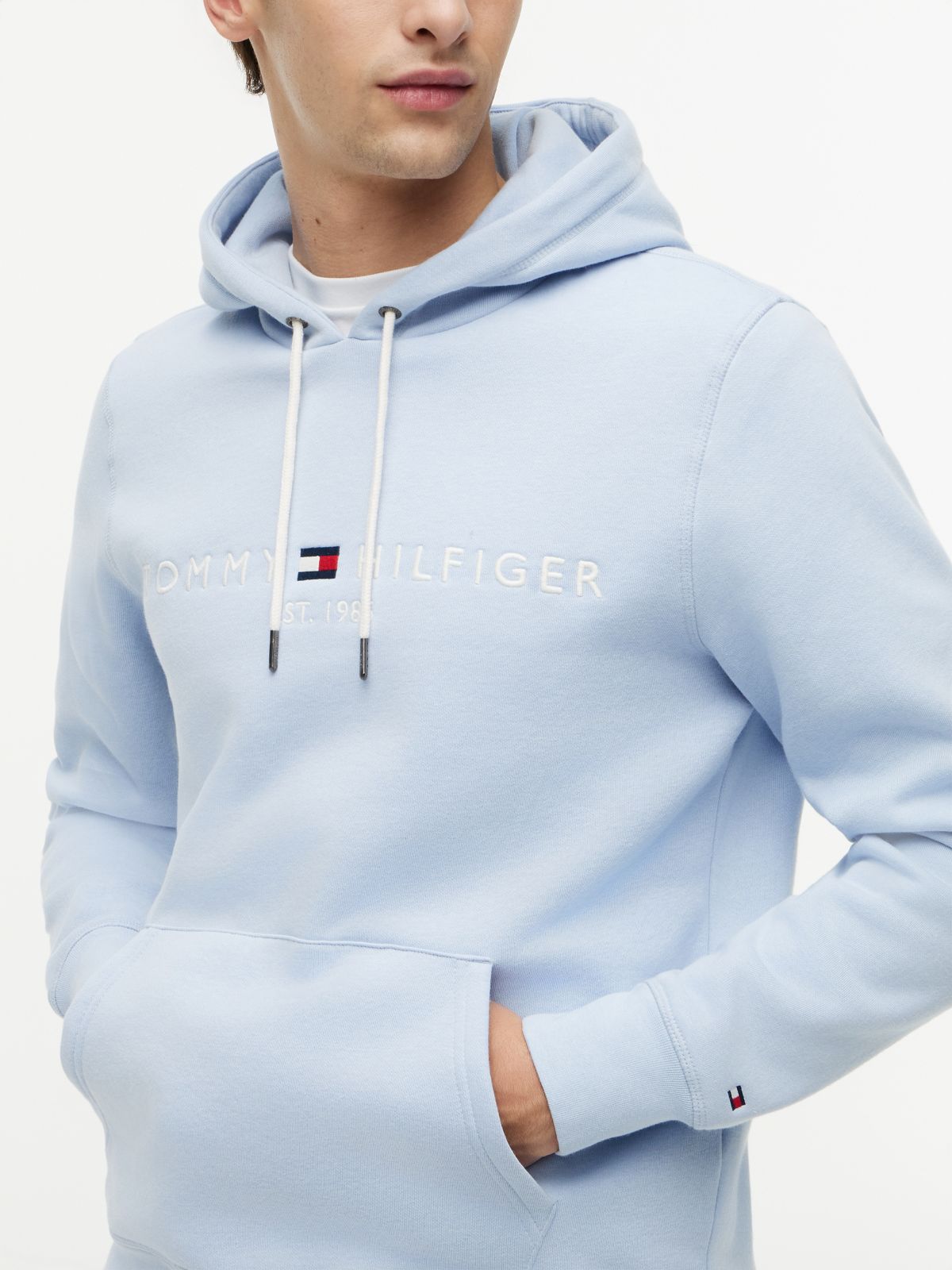 Logo Embroidery Fleece Drawstring Hoody — Blue